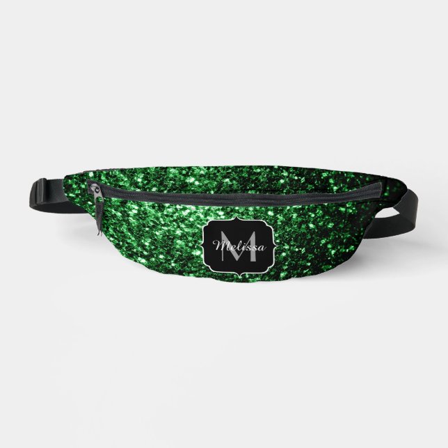 Dunkelgrüne Imitate Glitzer Glitzern Monogram Bauchtasche (Vorderseite)