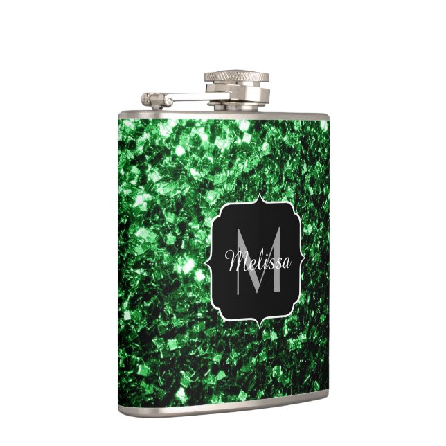 Dunkelgrüne Imitate Glitzer Glitzern Monogram Flachmann (Rechts)