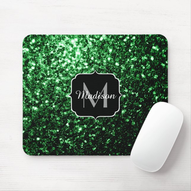 Dunkelgrüne Imitate Glitzer Glitzern Monogram Mousepad (Mit Mouse)