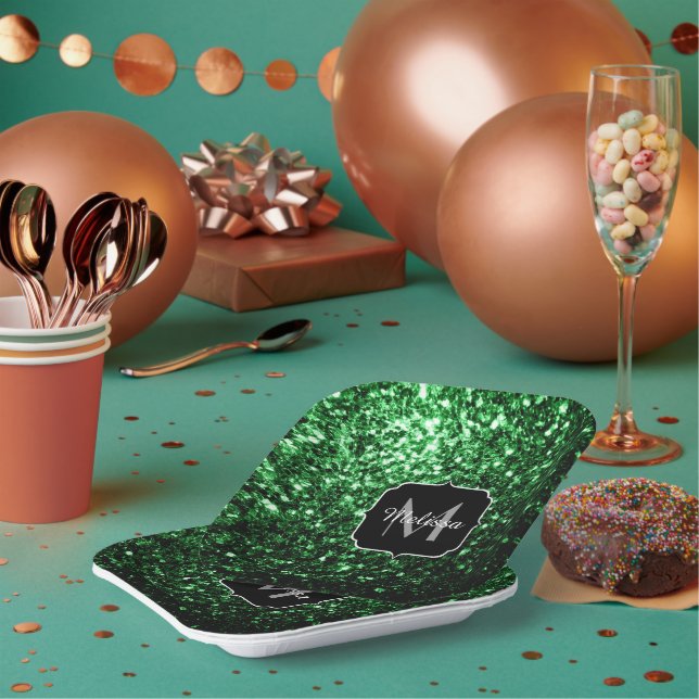 Dunkelgrüne Imitate Glitzer Glitzern Monogram Pappteller (Multi)