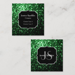 Dunkelgrüne Imitate Glitzer Glitzern Monogram Quadratische Visitenkarte