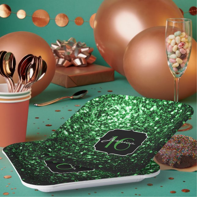 Dunkelgrüne Imitate Glitzer Glitzern Sweet 16 Pappteller (Multi)