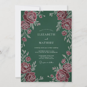Dunkelgrüne klassische botanische Hochzeit Einladung