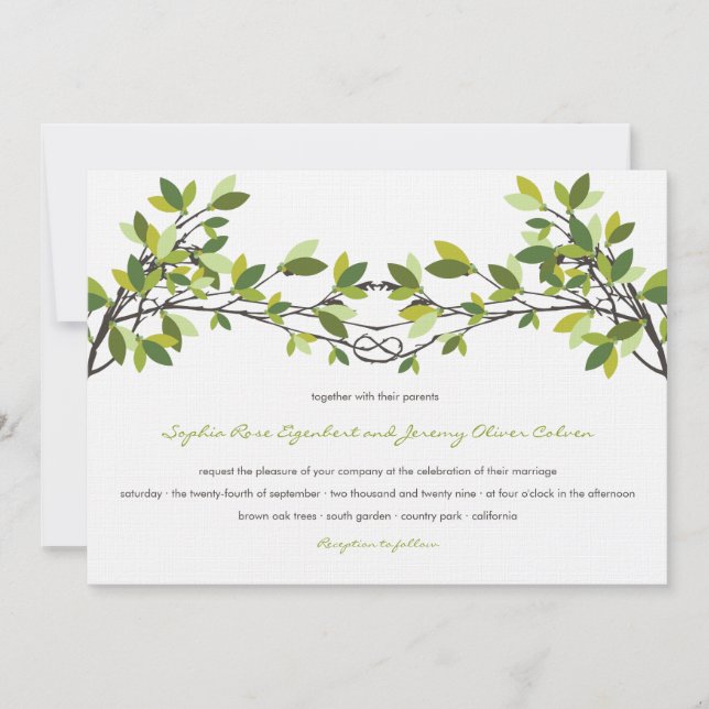 Dunkelgrüne Knotted Liebe Bäume Sommerhochzeit Einladung (Vorderseite)