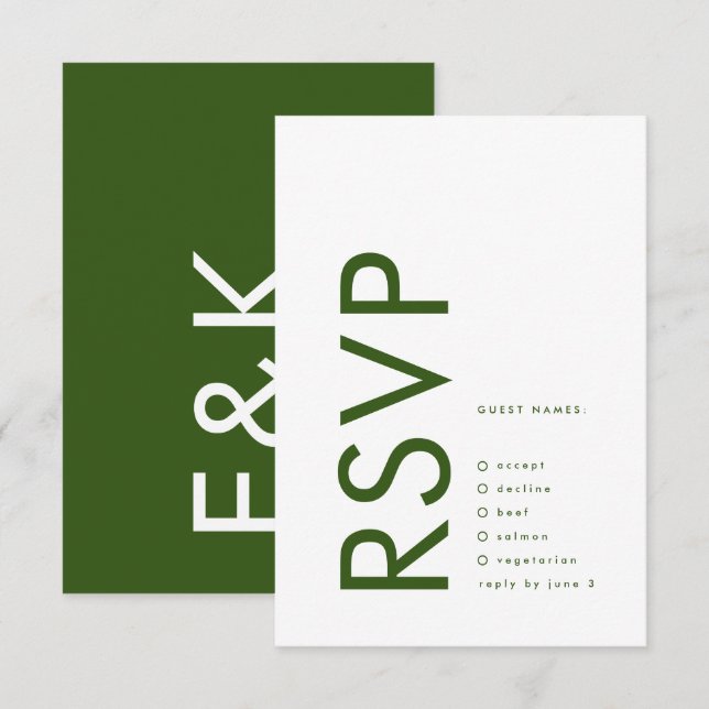 Dunkelgrüne Moderne kühne große Monogramm einfache RSVP Karte (Vorne/Hinten)