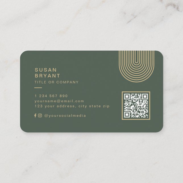 Dunkelgrüne Moderne Monogram QR Code Social Media Visitenkarte (Rückseite)