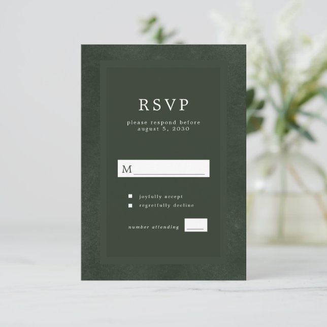 Dunkelgrüne, moderne Typografie - elegante Hochzei RSVP Karte (Stehend Vorderseite)