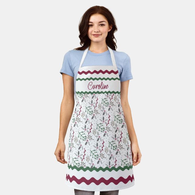 Dunkelgrüne Pine Needles Red Holly Berries Muster Schürze (Getragen)