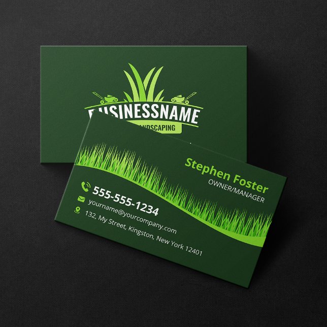 Dunkelgrüne Rasenpflege Landscaping Mowing Lawncar Visitenkarte (Von Creator hochgeladen)
