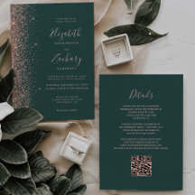Dunkelgrüne Rose Gold Glitzer QR Code Hochzeit