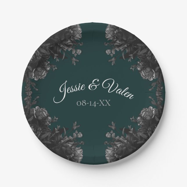 Dunkelgrüne Schwarz-Grau-Rose Gothic Wedding Pappteller (Vorderseite)
