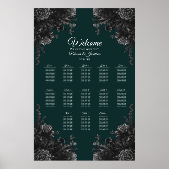 Dunkelgrüne schwarz-graue gotische Hochzeitskizze Poster (Vorne)