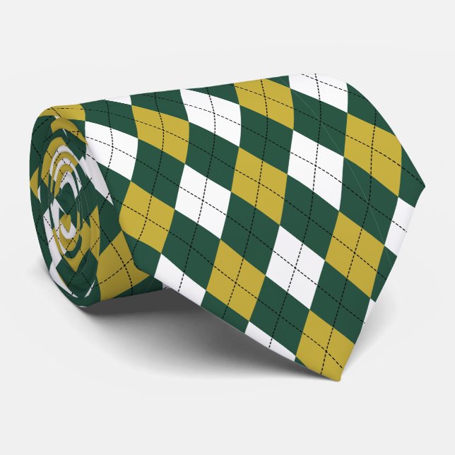 Dunkelgrüne & Senfgelbe Argyleschmuck Krawatte   (Gerollt)