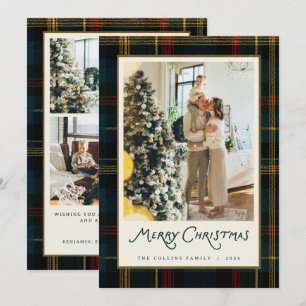 Dunkelgrüne Tartan Frohe Weihnachten Familienfoto
