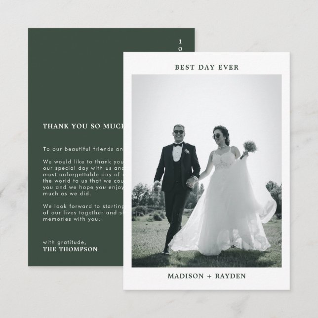 Dunkelgrüne Typografie-Foto Hochzeit Dankeskarte (Vorne/Hinten)