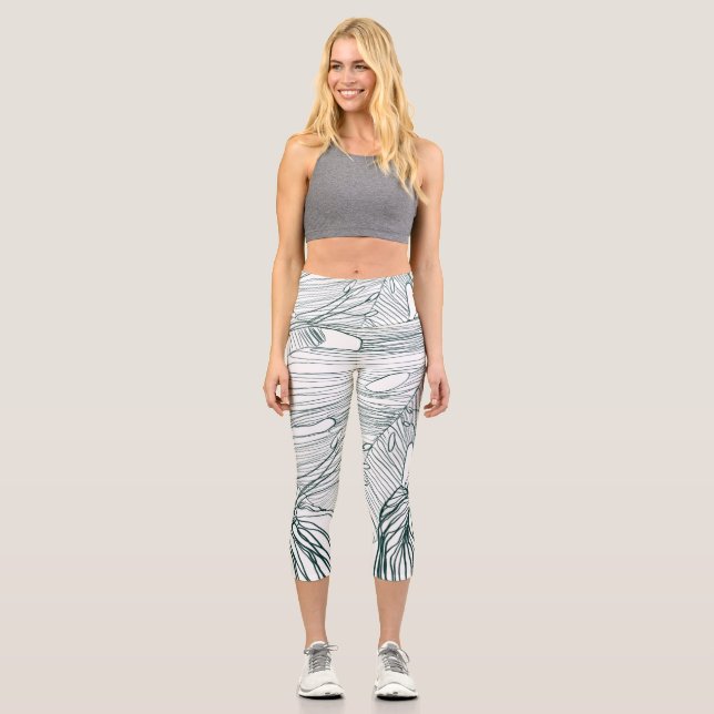 dunkelgrüne und aquamarine Monstera-Blätter & Lili Capri Leggings (Vorderseite)