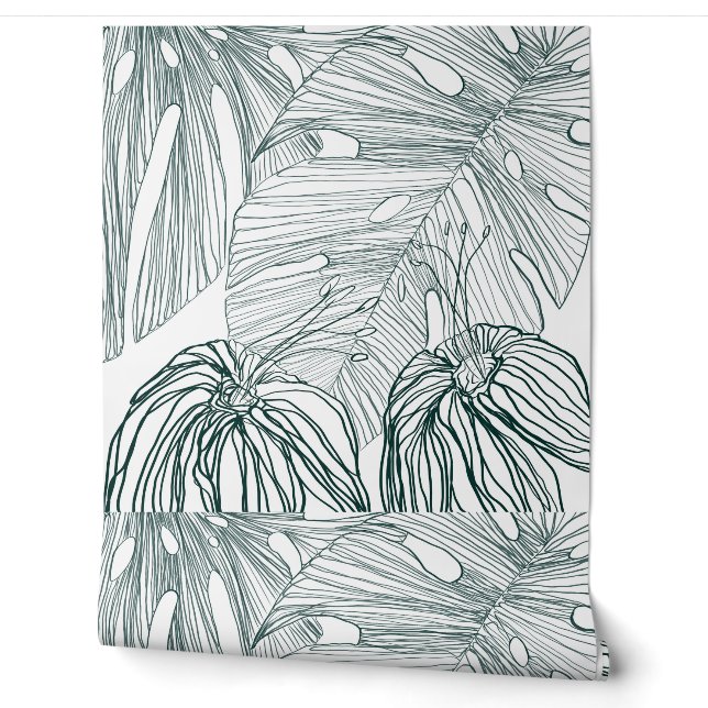 dunkelgrüne und aquamarine Monstera-Blätter & Lili Tapete (Abrollen)
