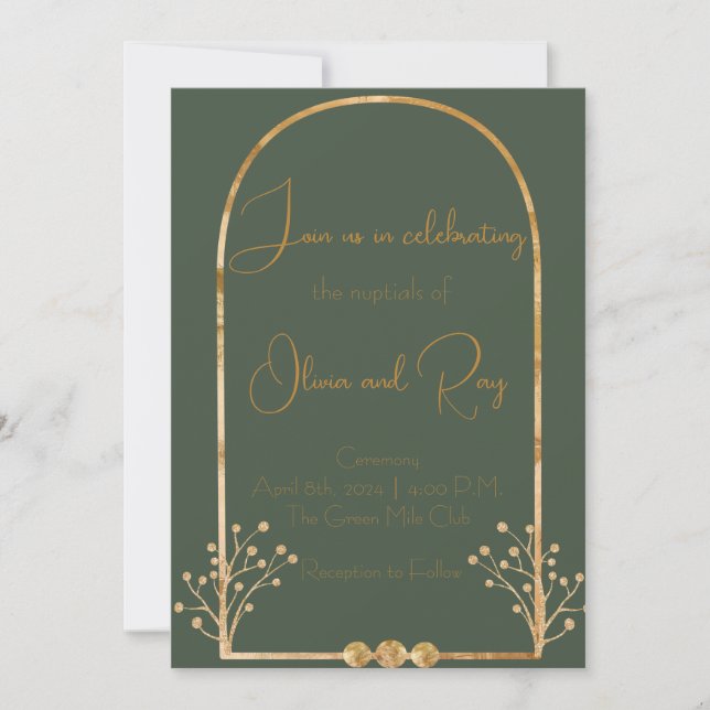 Dunkelgrüne und goldene Hochzeitseinladung Einladung (Vorderseite)