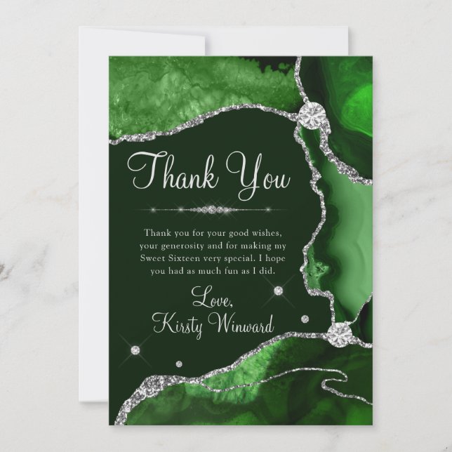 Dunkelgrüne und silberne Imitate Glitzer Agate Swe Dankeskarte (Vorderseite)