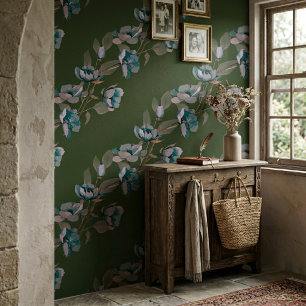 Dunkelgrüne Vintage-Wasserfarbe Blaue Blumenstreif Tapete