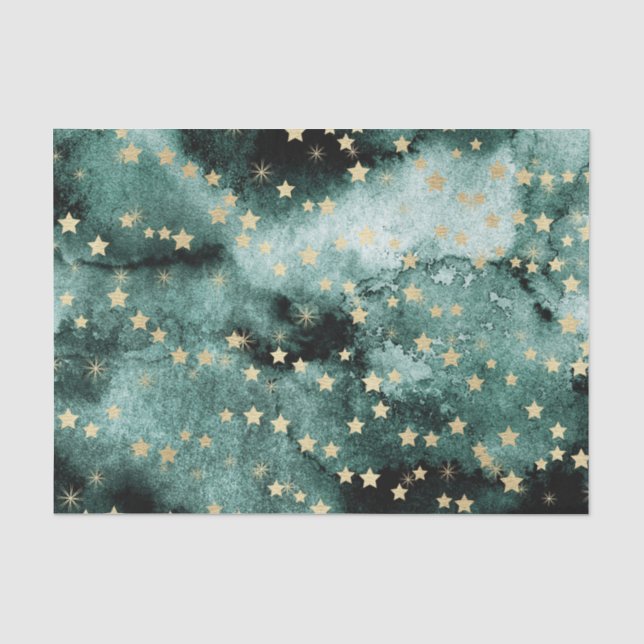 Dunkelgrüne Wasserfarbe mit Goldstars Seidenpapier (Vorderseite)