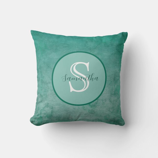 Dunkelgrüne Wasserfarbe Personalisierte Monogramm Kissen (Vorderseite)