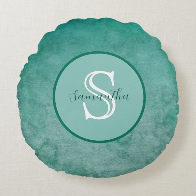 Dunkelgrüne Wasserfarbe Personalisierte Monogramm- Rundes Kissen (Vorderseite)