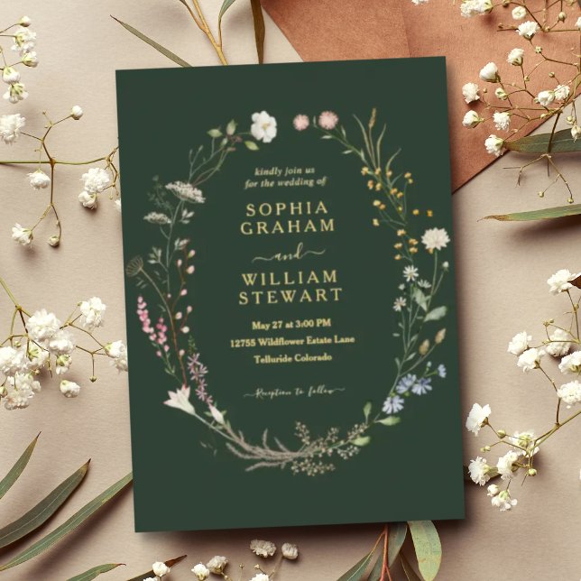 Dunkelgrüne Wasserfarbe Wildblume Thema Hochzeit Folieneinladung (Von Creator hochgeladen)