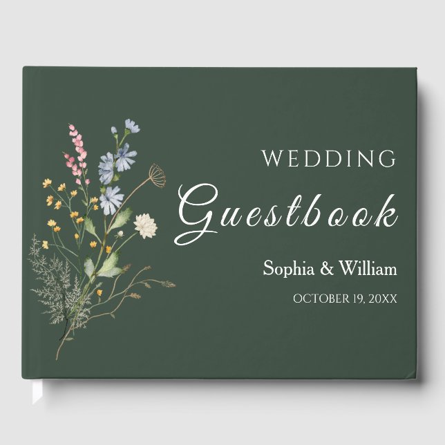 Dunkelgrüne Wasserfarbe Wildblume Thema Hochzeit Gästebuch (Vorderseite)