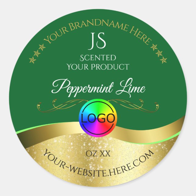 Dunkelgrüne Wavy Gold Logo Monogram Product Label Runder Aufkleber (Vorderseite)