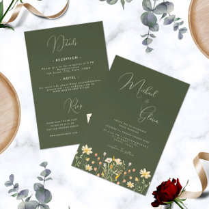 Dunkelgrüne Wildblumen-Hochzeit im Frühling  Einladung