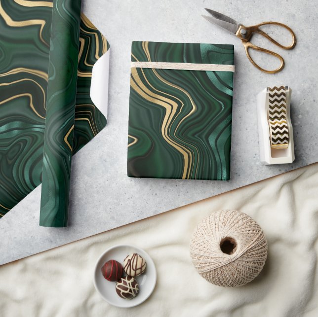 Dunkelgrüner Malachit und goldener Foil Strata Vei Geschenkpapier (Kunsthandwerk)