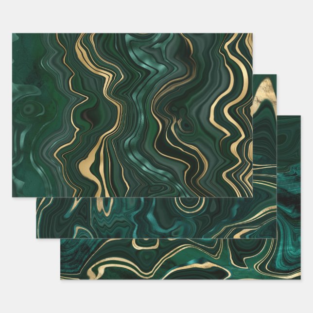 Dunkelgrüner Malachit und goldener Foil Strata Vei Geschenkpapier Set (Set)