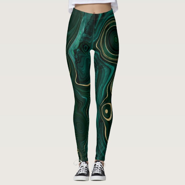 Dunkelgrüner Malachit und goldener Foil Strata Vei Leggings (Vorderseite)