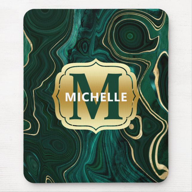 Dunkelgrüner Malachit und goldener Foil Strata Vei Mousepad (Vorne)