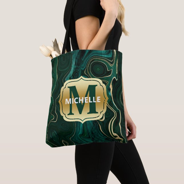 Dunkelgrüner Malachit und goldener Foil Strata Vei Tasche (Von Nahem)