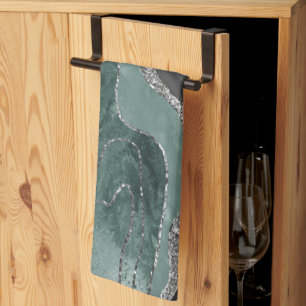 Dunkelgrüner schwarzer Marmor Agate Silver Glam #1 Geschirrtuch