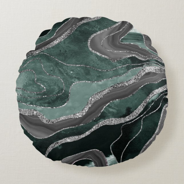 Dunkelgrüner schwarzer Marmor Agate Silver Glitzer Rundes Kissen (Vorderseite)