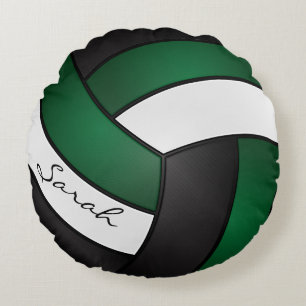 Dunkelgrüner, schwarzer und weißer Volleyball    Rundes Kissen