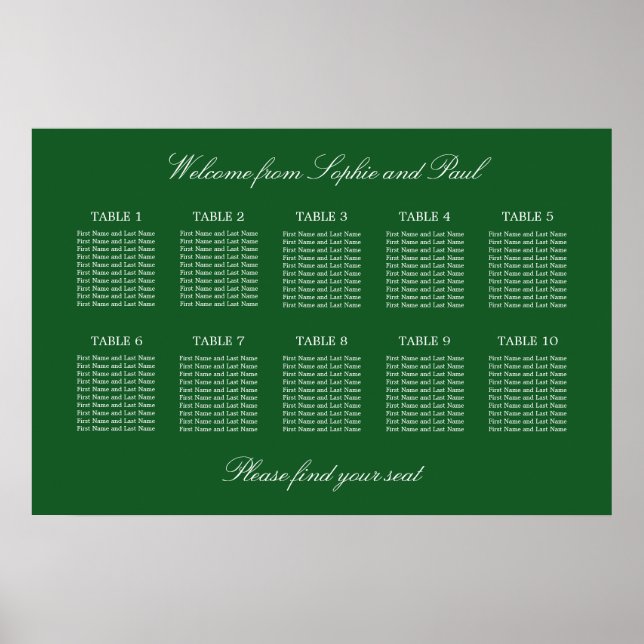 Dunkelgrünes 10-Tisch-Hochzeitsdiagramm-Poster Poster (Vorne)