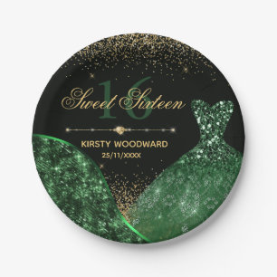Dunkelgrünes Aquarellkleid & Glam Wave Sweet 16 Pappteller
