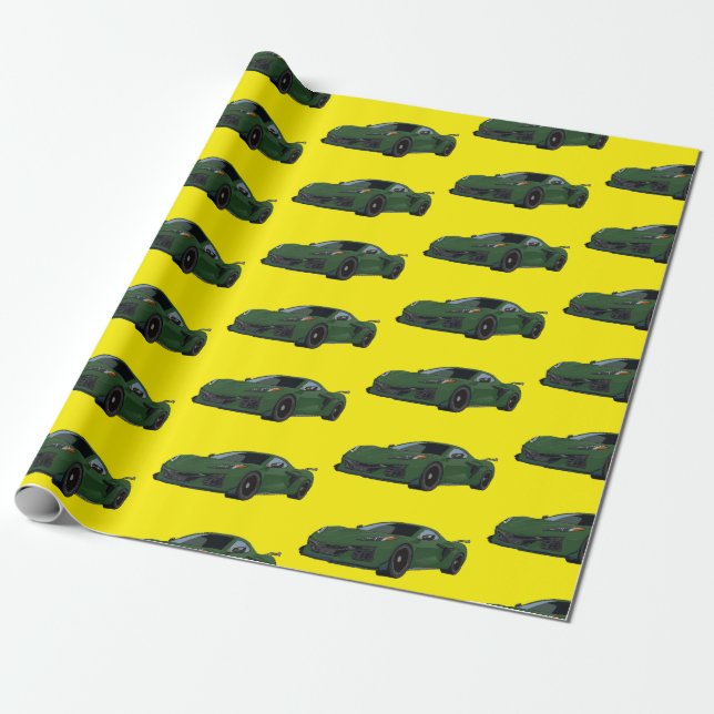 Dunkelgrünes C8 Corvette Sportwagen Handgezeichnet Geschenkpapier (Ungerollt)