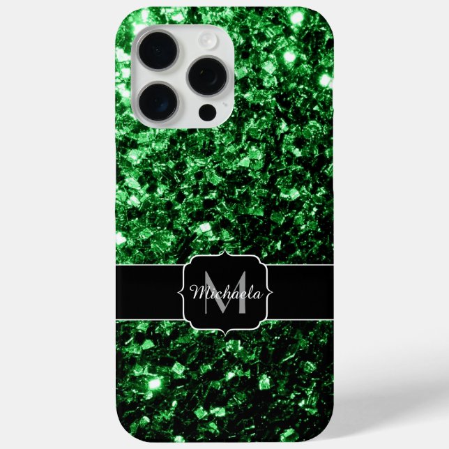 Dunkelgrünes falsches Glitterfunkeln Monogramm Case-Mate iPhone Hülle (Rückseite)