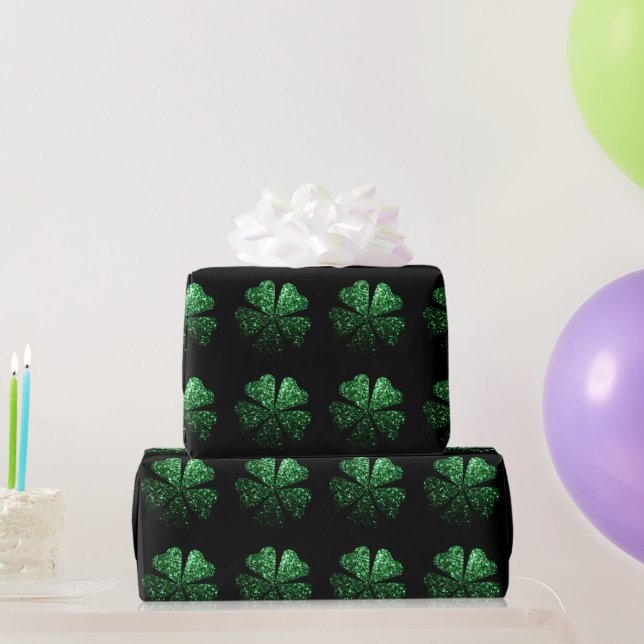 Dunkelgrünes Funkeln Kleeblatt Kleeblatt schwarz Geschenkpapier (Partygeschenke)