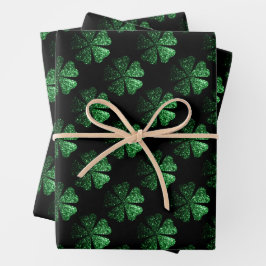 Dunkelgrünes funkelnd Kleeblatt auf schwarz Geschenkpapier Set