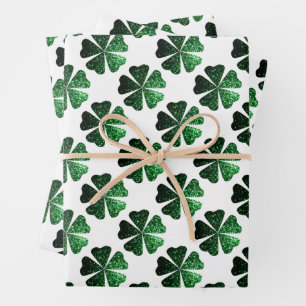 Dunkelgrünes funkelnd Kleeblatt Geschenkpapier Set