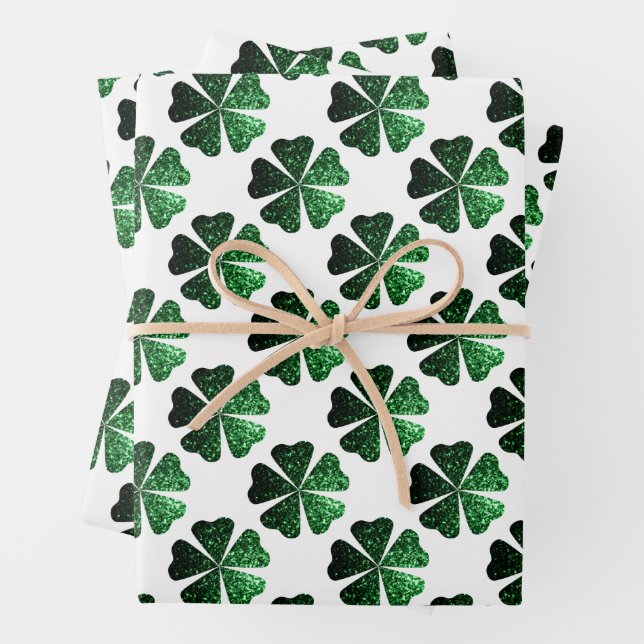 Dunkelgrünes funkelnd Kleeblatt Geschenkpapier Set (Beispiel)
