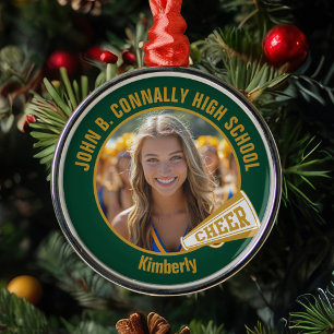 Dunkelgrünes Gold Cheerleader Foto Weihnachten Ornament Aus Metall