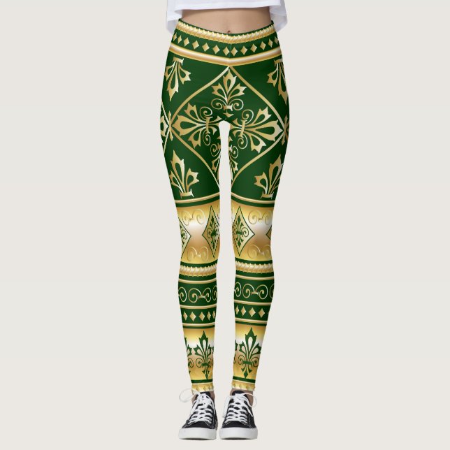Dunkelgrünes goldenes, weißes keltisches Design Leggings (Vorderseite)