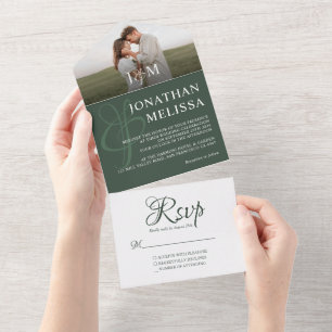 Dunkelgrünes Overlay-Foto-Monogramm-Hochzeit All In One Einladung